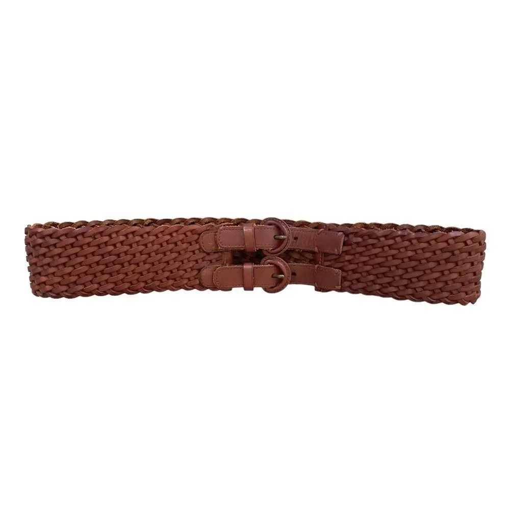 ABERCROMBIE & FITCH Leather Woven Braided Wide Belt Double Buckle Brown L